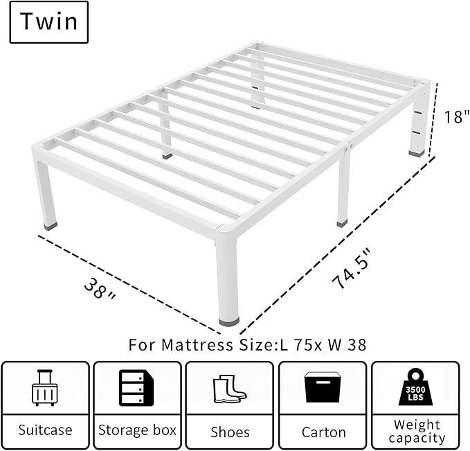 ROIL 18 Inch White Twin Size Bed Frame with Rounded Corner and Headboard Hole Mattress Retainers 3500LBS Heavy Duty Steel Slats No Box Spring Needed Platform Noise-Free Easy Assembly