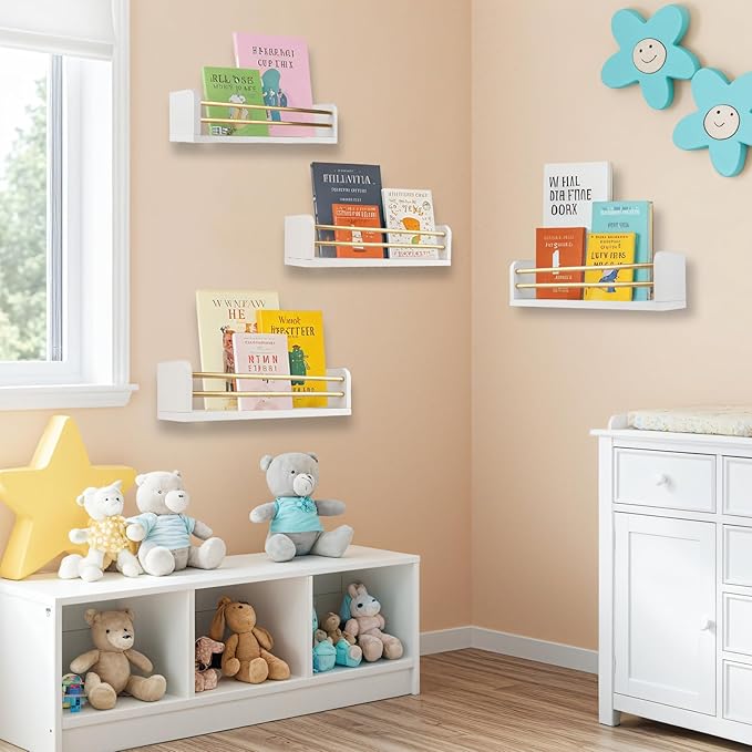Nursery Wall Bookshelves 4-Pack, Floating Shelves for Kids Room Décor, Baby & Toddler Book Shelf Organizer, Solid Wood Wall-Mounted Rack for Books, Toys & Nursery Storage