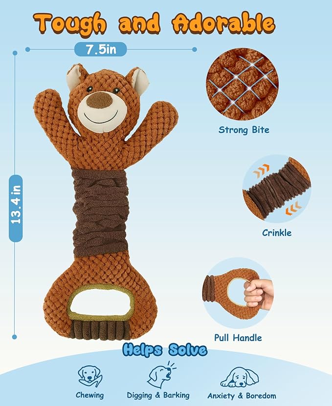 Swooflia Tug of War Dog Toy-Squeaky Plush Tug a War Dog Toy for Medium Large Breed Dogs to Keep Them Busy, Interactive Crinkle Doggie Toy, Cute Bear with Soft Long Pull Handle