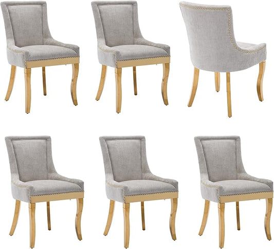 Luxury Fabirc Upholstered Dining Chairs Set of 6,Neutral Chenille Kitchen Room Chair with Nailhead Trim,6 Piece Modern Side Chairs for Dining Room,Living Room,Bar (Beige-Gold, Set of 6)