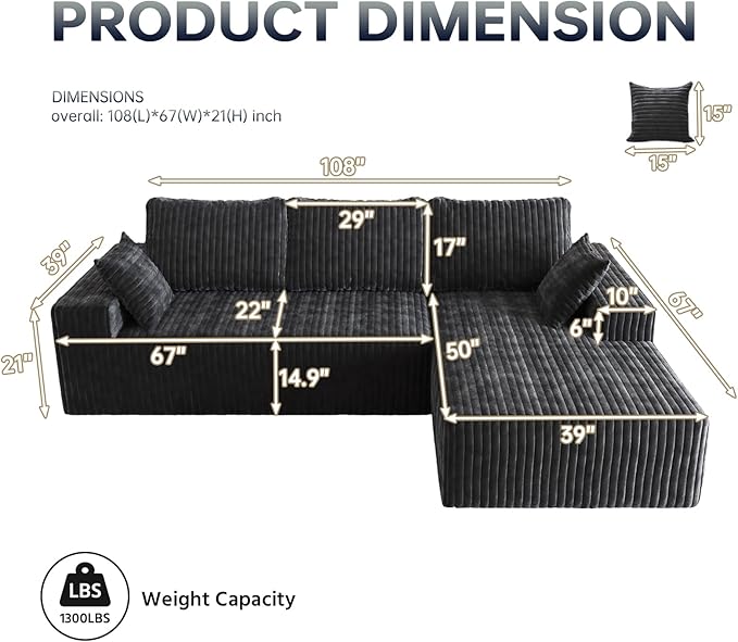 108" Sectional Couches for Living Room, Modular Sectional Sofa with L-Shape Chaise, Boneless Couch, Comfy Corduroy Fluffy Couch with Deep Seat and Side Pockets, No Assembly Required
