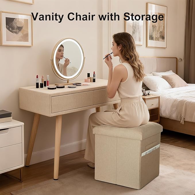 Ottoman with Storage, Small Storage Ottoman Foot Rest with Thicker Foam Padded Seat. 61L Slim Tall Foldable Linen Cloth Foot Stool for Living Room Bedroom, 300lbs Weight Support, 17x13x13IN, Beige