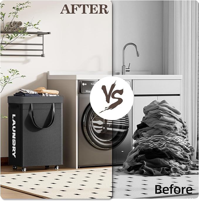 YECAYE 75L Rolling Laundry Hamper, Easy-to-Assemble Clothes Hamper with Wheels, Rolling Dirty Clothes Basket, Slim Basket for Bedroom, Bathroom, or Laundry Room, Black