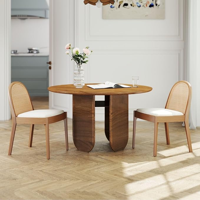 LukeAlon Modern Sherpa Dining Chairs Set of 4, Natural Woven Rattan Cane Back Side Chairs with Solid Wood Legs Mid Century Dinner Chairs for Kitchen Living Room, White