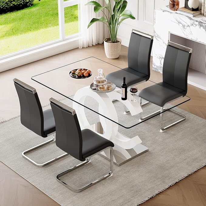 63'' Glass Dining Table Set for 4, Kitchen Table Chairs Set of 4, Clear Glass Dining Table with White unique design Leg and Silver Metal Base, 4 PU Dining Chairs with Metal Legs, Living Room, Kitchen.