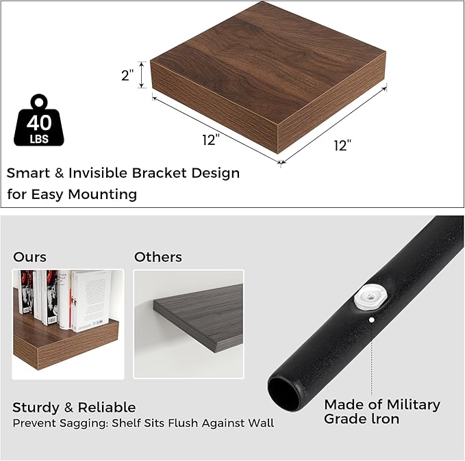 Square Floating Shelves for Wall, 12" W x 12" D x 2" H, 2 Pack, Small Wall Mounted Engineered Wood Shelves with Invisible Brackets for Living Room, Bedroom, Bathroom, Kitchen Decor, Walnut