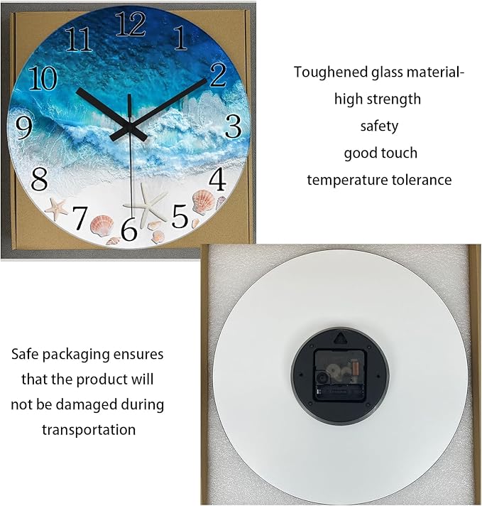 XNM Round Beach Battery Operated Wall Clock Decorative 14 Inch Bedroom Clock Analog Blue Coastal Wall Clock Silent