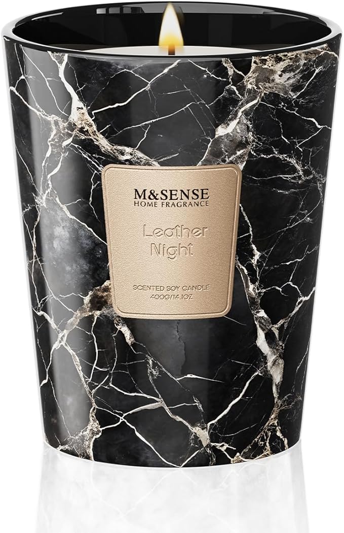 M&SENSE Leather Night Scented Soy Candle, 3 Wick Highly Scented 14.1 Oz 80H, Aromatherapy Christmas Gift for Women and Men