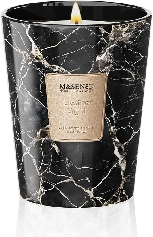 M&SENSE Leather Night Scented Soy Candle, 3 Wick Highly Scented 14.1 Oz 80H, Aromatherapy Christmas Gift for Women and Men