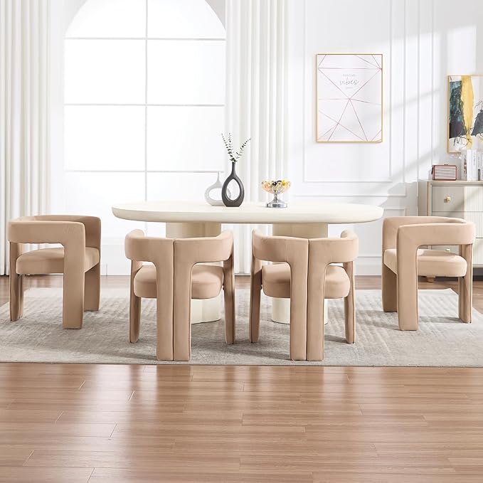 Modern Dining Chairs Set of 6, Upholstered Side Chairs Velvet Fabric Guest Chairs with Barrel Backrest Armchair for Dining Room Living Room, Khaki