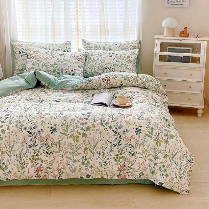 Floral Wildflower Duvet Cover Full Sage Green Botanical Duvet Cover 100% Cotton Vintage Floral Bedding Set Full Rustic Garden Flower Comforter Cover Girls Cottagecore Bedding Set with 2 Pillowcases