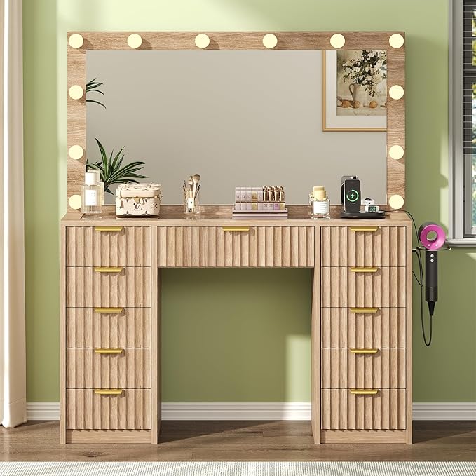 11 Drawers Fluted Vanity Desk with Glass Top, 47" Makeup Vanity with Large Mirror and 12 LED Lights, Dressing Table with Power Outlet for Bedroom, Natural