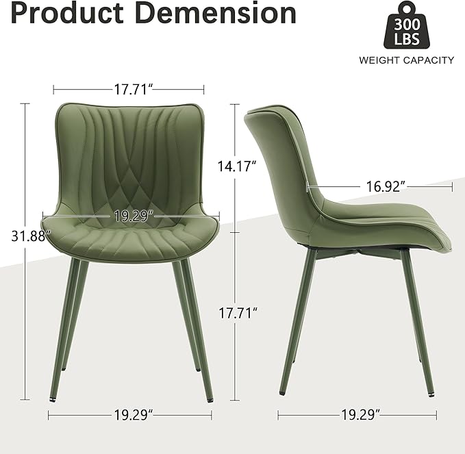 YOUTASTE Upholstered Leather Dining Chairs Set of 2 All Olive Green, Mid Century Modern Comfy Kitchen Dining Room Chair, Green Metal Legs, Armless Accent Chair for Living Room Bedroom