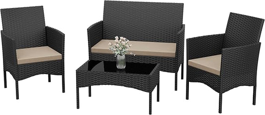 Kurapika Patio Furniture Set 4 Pieces Outdoor Wicker Rattan Chairs Conversation Sets w/Coffee Table, Rocking Bistro Set, for Deck,Patio,Backyard,Lawn (Sand)