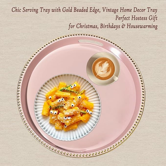 Pink Decorative Tray for Coffee Table, Round Beaded Plastic Serving Tray forKitchen Counter, Ottoman, Living Room,(13")