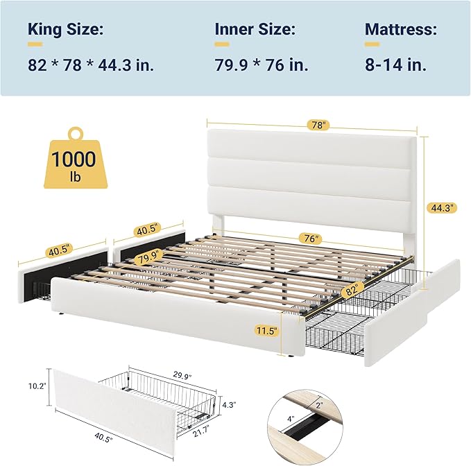 Allewie Modern King Size Platform Bed Frame with 4 Storage Drawers and Velvet Upholstered Headboard, Wooden Slats Support, Upholstered Mattress Foundation/No Box Spring Needed/Easy Assembly, White