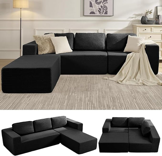 136" Modular Sectional Couch Left/Right Facing Convertible, L-Shape Modern Teddy Sofa, Deep Seat Upholstered Foam Couch for Living Room Bedroom, No Assembly Required (Black, Teddy Boucle)