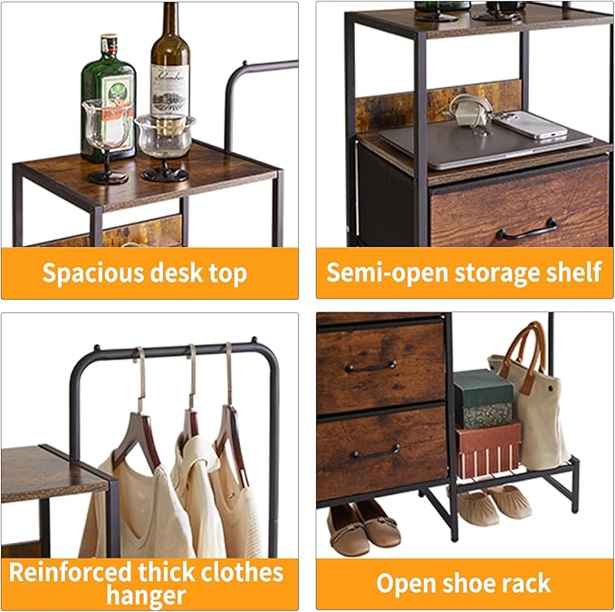 44 '' Tall Garment Rack with 3 Fabric Drawers, 4-Tier Clothing Rack, Coat Hanger with Shoe Shelf & Shelves for Small Spaces, Rustic Brown YD-TM081H