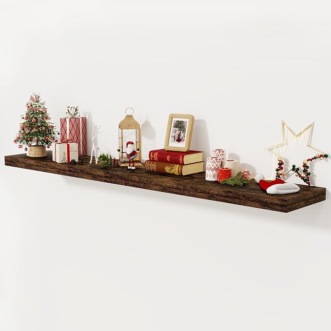 Fun Memories 72 Inch Floating Shelf, 12 Inch Deep Wall Shelf for Fireplace Mantel, Deep Storage Shelves for Home & Office, Wall Shelves with Invisible Bracket, Rustic Brown, Set of 1
