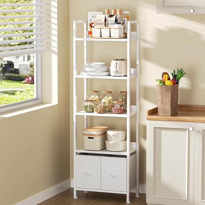 Furologee 5 Tier Bookshelf with Drawers, White Tall Bookcase with Shelves, Wood and Metal Bookshelves Storage Organizer, Modern Display Free Standing Shelf Unit for Bedroom, Living Room, Office