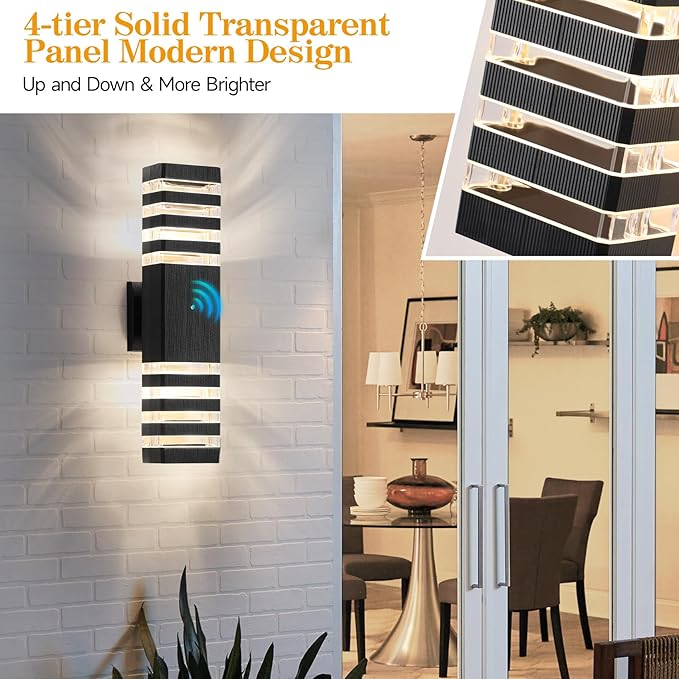 18.3 Inches Dusk to Dawn Outdoor Lighting,Up and Down Exterior Light Fixtures with 4 * 7W LED Bulbs,Waterproof Modern Long Outdoor Wall Light,Black Outdoor Porch Light for House,6 Packs