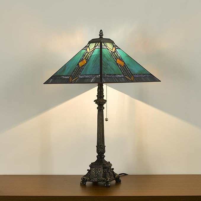 Tiffany Table Lamps Blue Stained Glass Striped Checkered Style Mission Desk Lamp 12X12X24 Inch Bronze Resin Base