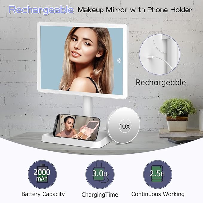 FUNTOUCH Rechargeable Makeup Vanity Mirror with Lights, Large Lighted Desk Makeup Mirror with 96 LED Lights and 10x Magnifying Mirror, 3 Color Lighting, Light up Make up Mirror with Phone Holder