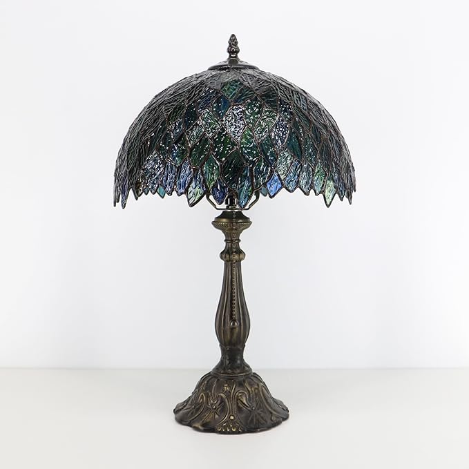 Tiffany Lamps Brownish Green Leaves Style Stained Glass Table Lamp Desk Bedside Reading Light 12X12X18.5 Inches with Bronze Resin Base Applicable to Bedroom Living Room Office