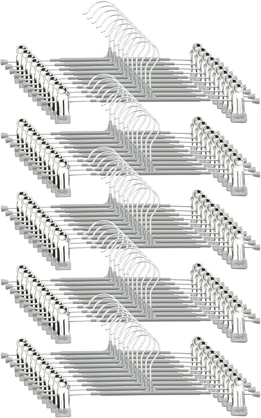 Pants Hangers with Clips - 50 Pack Heavy Duty, Non-Slip Adjustable Space Saving Skirt Hangers for Pants, Jeans, Shorts | Gray | 12 Inch