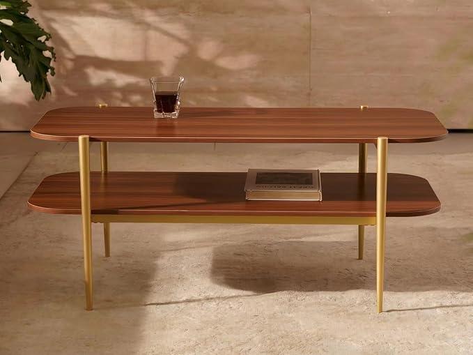 Shrine Rectangle Coffee Table, Mid-Century Modern Design, Two-Tier Walnut MDF Rounded Corner Table, 41" D x 21" W x 17" H, Sleek Conical Metal Legs with Gold Finish