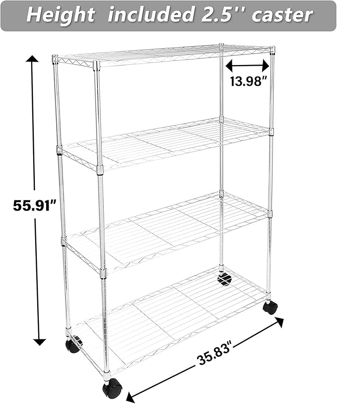 HealSmart Heavy Duty 4-Shelf Storage Shelving Unit, 35.83D x 13.98W x 55.91H Steel Organizer Wire Rack with 1000Lb Capacity, Chrome