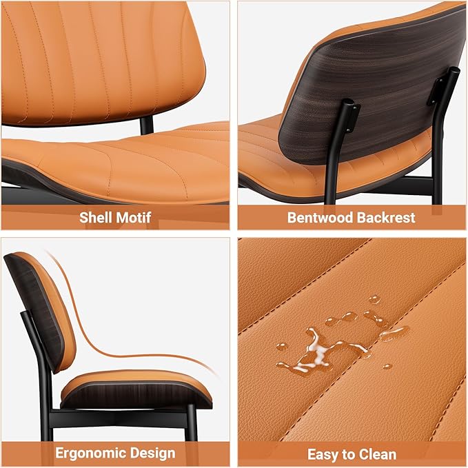 Dining Chairs Set of 2, Mid Century Modern Dining Room and Kitchen Chairs, Upholstered PU Leather Chairs with Walnut Bentwood and Metal Legs, Orange