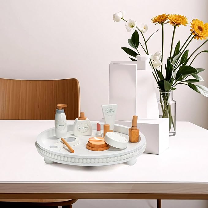 Wooden Beaded Decor Tray for Coffee Table, Rustic Wooden Trays Table Centerpieces, Decorative Trays for Home Decor Kitchen Table Farmhouse Serving Tray (Round White)