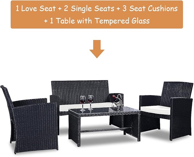 Goplus 4-Piece Rattan Patio Furniture Set, Outdoor Wicker Conversation Sofa with Weather Resistant Cushions and Tempered Glass Tabletop for Lawn Backyard Pool Garden (White(Black Wicker))