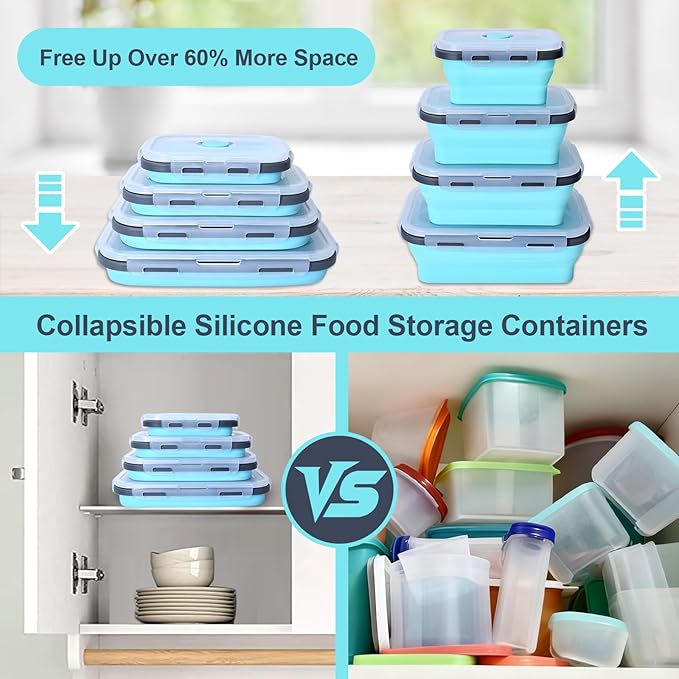 Collapsible Silicone Food Storage Containers with Lids, Collapsible Food Storage Containers, Camping Dishes, 4 Pack Foldable Lunch Box for Leftovers, Meals, Snacks, Dark Blue