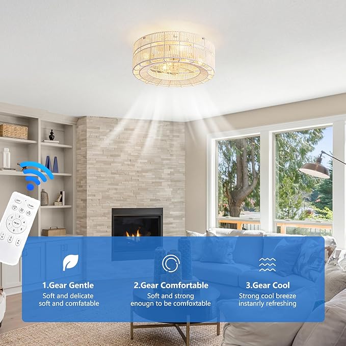 Boho Caged Ceiling Fans with Lights Flush Mount，Layered Rattan Ceiling Fan with Light Remote Control，White Farmhouse Low Profile 6 Speeds Ceiling Fan for Bedroom,Living Room,Kitchen,Dining Room