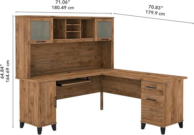 Bush Furniture Somerset L Shaped Desk with Hutch in Fresh Walnut | Corner Computer Table with Drawers, Cabinets and Pullout Keyboard/Laptop Tray for Home Office