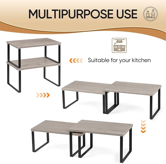 NEX Kitchen Cabinet and Counter Shelf Organizer, Shelf Riser for Pantry Countertop Cupboard Desk Top, Stackable & Expandable, Set of 4, Black and Greige