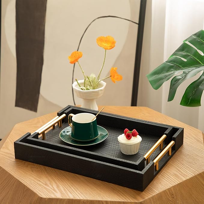 2 Piece Woven Leather Ottoman Tray with Gold Handles, Perfect Rectangular Serving Tray for Living Room, Coffee Table Tray as Thoughtful Gift for Home Decor Enthusiasts (Black)