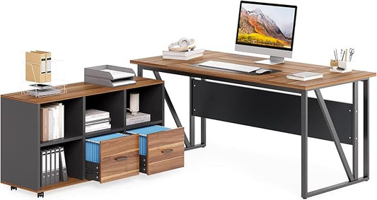 LITTLE TREE 63" Office Desk and 47" File Drawer Cabinet, Large Computer Desk, Study Writing Desk Workstation for Home Office