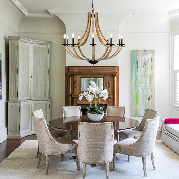 Farmhouse Chandeliers for Dining Room Light Fixture, 10-Light 35" Adjustable Height Retro Faux Wood Texture Rustic Light Fixtures for Living Room Bedroom Kitchen Island Foyer Entryway