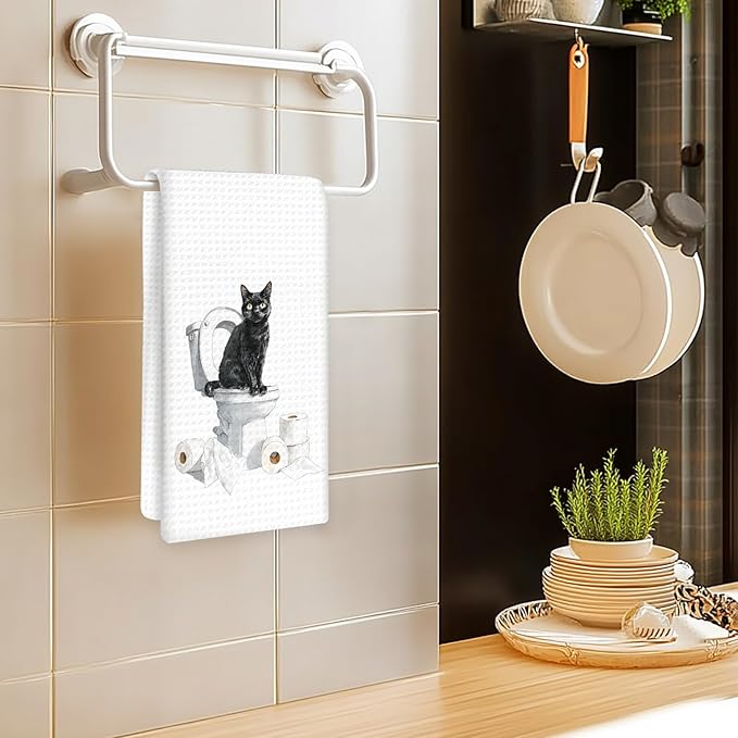 Funny Black Cat Bathroom Hand Towels, Gifts for Black Cat Owners Lovers Women Men, Cute Kitten Kitty Pet Decor for Bathrooms, Funny Pet Lovers Toilet Hand Towels for Bathroom Washroom,16x24In