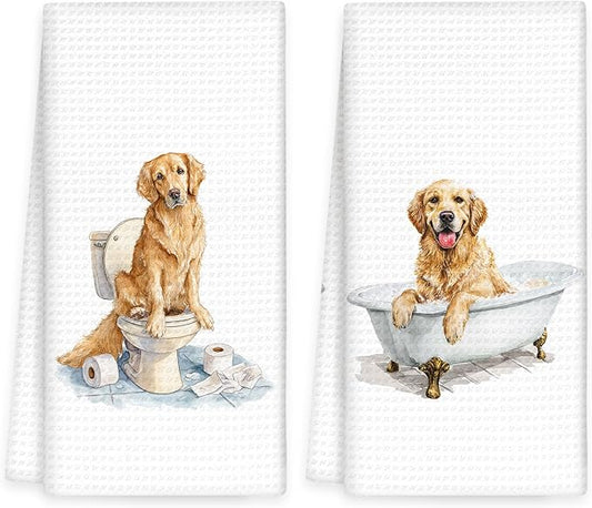 Funny Golden Retriever Dog Hand Towels Set of 2, Gifts for Golden Retriever Dog Owners Lovers, Puppy Pet Decor for Bathroom, Pet Lovers Gifts Toilet Hand Towels for Bathroom Washroom, 16x24In