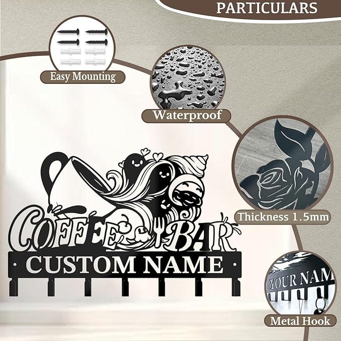 Coffee Bar Keys Holder - Metal Iron Wall Hooks with Custom Name | Personalized Home Decor & Gift Idea | Coffee-Themed Text Engraving Design (Style D)