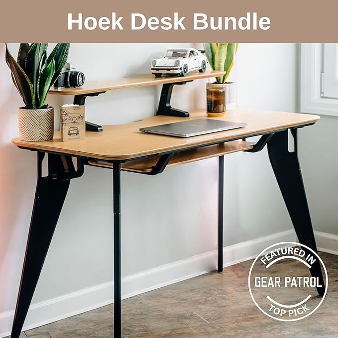 HOEK Desk Bundle, Modular Work from Home Desk with Monitor Shelf, Under Shelf, Side Hook and Wall Cleat, Compact 47.5" x 23", Durable Laminate Surface, Easy Tool-Free Assembly (Birch/Black)
