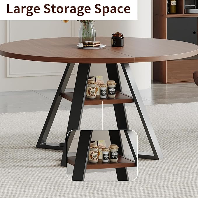 Walnut Round Dining Table Set for 4, Mid-Century Modern Kitchen Table and Chairs, Small Space Dining Room Furniture for Apartment, Breakfast Nook or Studio (Boxwood-Storage Table+4 Black Chairs)