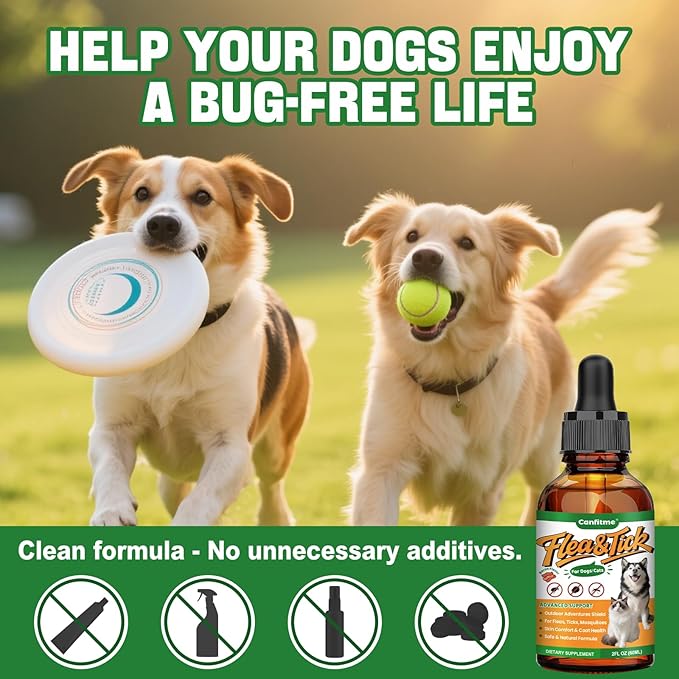 Natural Oral Flea and Tick Support for Dogs and Cats, Herbal Liquid with Multivitamins-All Breeds and Ages-Supports Immunity, Skin & Coat Support-Bacon Flavor