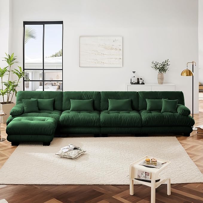 173.2" Oversized Couch, 4 Seater Modular Sectional Sofa, Green Large L Shaped Sectional Couches for Living Room, Fluffy Chenille Fabric Cloud Couch with Ottoman, Deep Seat Sofas
