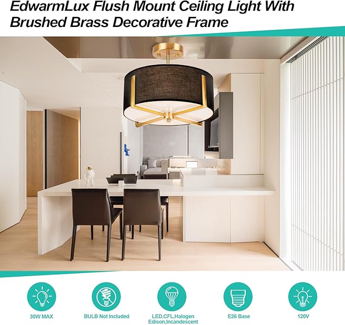 3-Light Semi Flush Mount Ceiling Light Fixture, 13.7" Gold Drum Light with Black Fabric Shade, Modern Close to Ceiling Lamp for Living Room Bedroom Dining Room Kitchen Hallway Entry Foyer