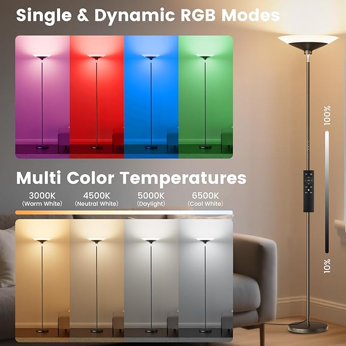 RGB Torchiere Floor Lamp - 30W Dimmable LED Standing Lamp with Remote, Multi Color Changing, 72in Tall Corner Light, Bright Standing Pole Light for Office Living Room Bedroom Basement, Black